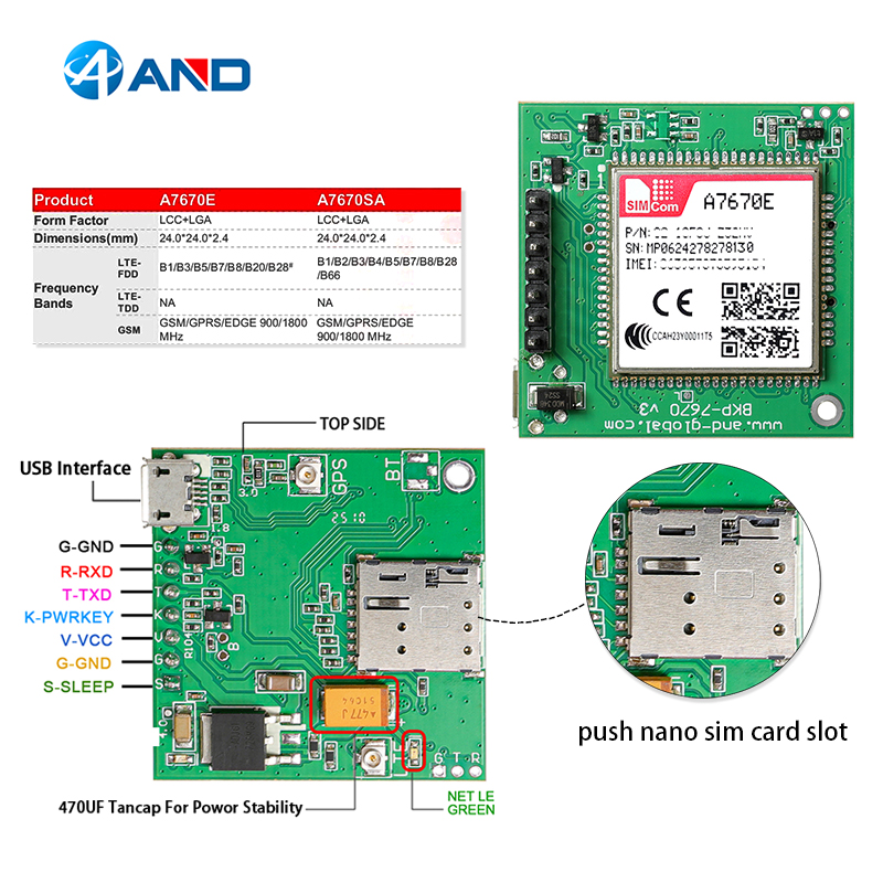 1pc new push push nano sim card slot A7670E breakout kit LTE Cat 1 GSM GPRS LBS