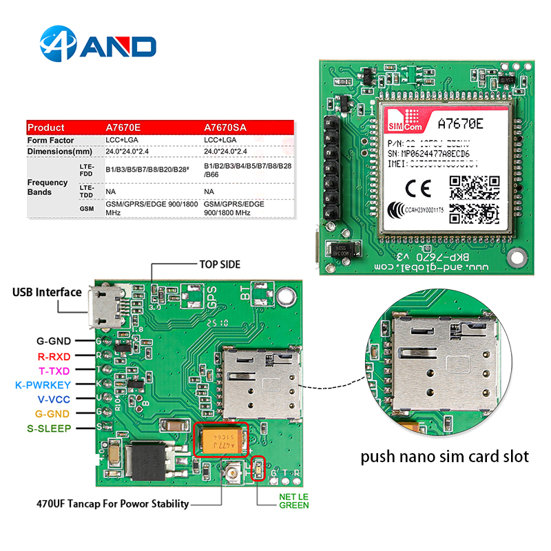1pc new push push nano sim card slot A7670E breakout kit LTE Cat 1 GSM GPRS LBS
