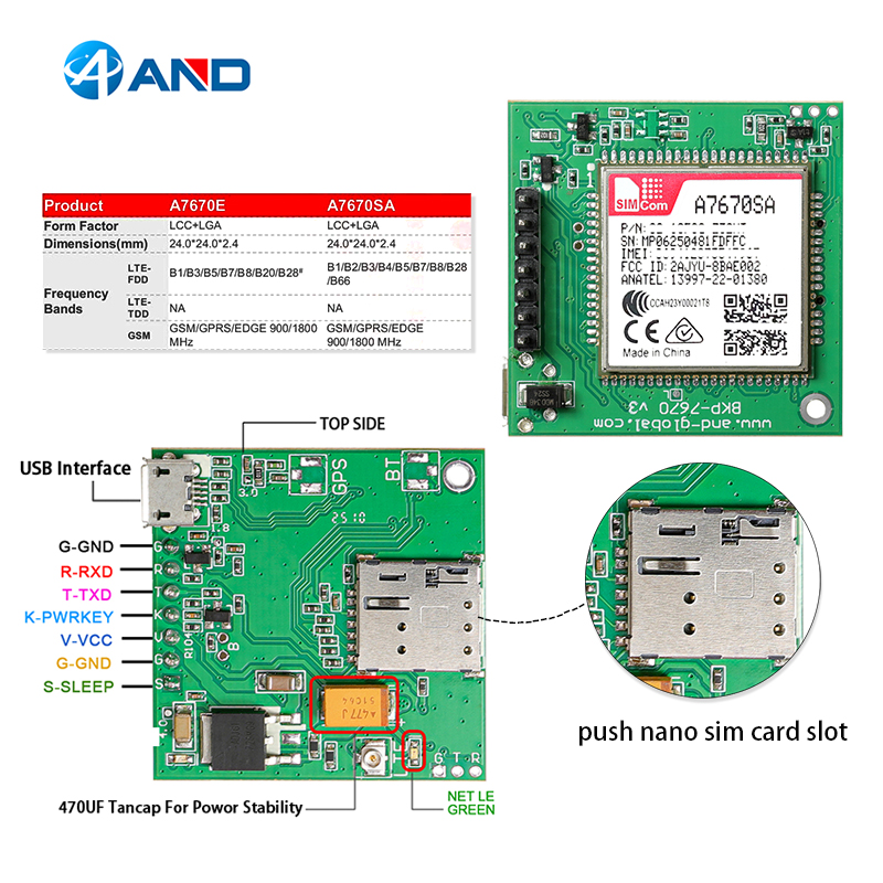 1pc new push push nano sim card slot A7670SA breakout LTE Cat 1 Module TTL A7670SA development