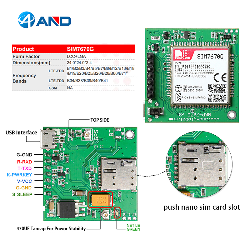 1pc new push push Nano sim slot SIM7670G development LTE Cat1 Qualcomm SIM7670G breakout kit global bands