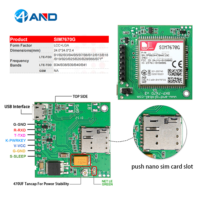 1pc new push push Nano sim slot SIM7670G development LTE Cat1 Qualcomm SIM7670G breakout kit global bands