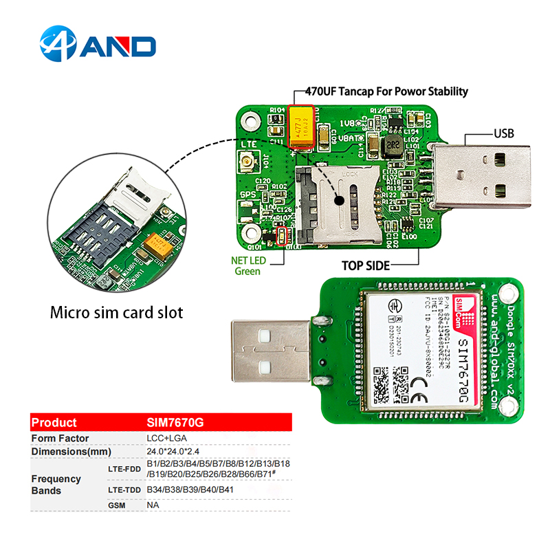 Dongle USB SIM7670G LTE Cat1 module Global with 4G FPC antenna