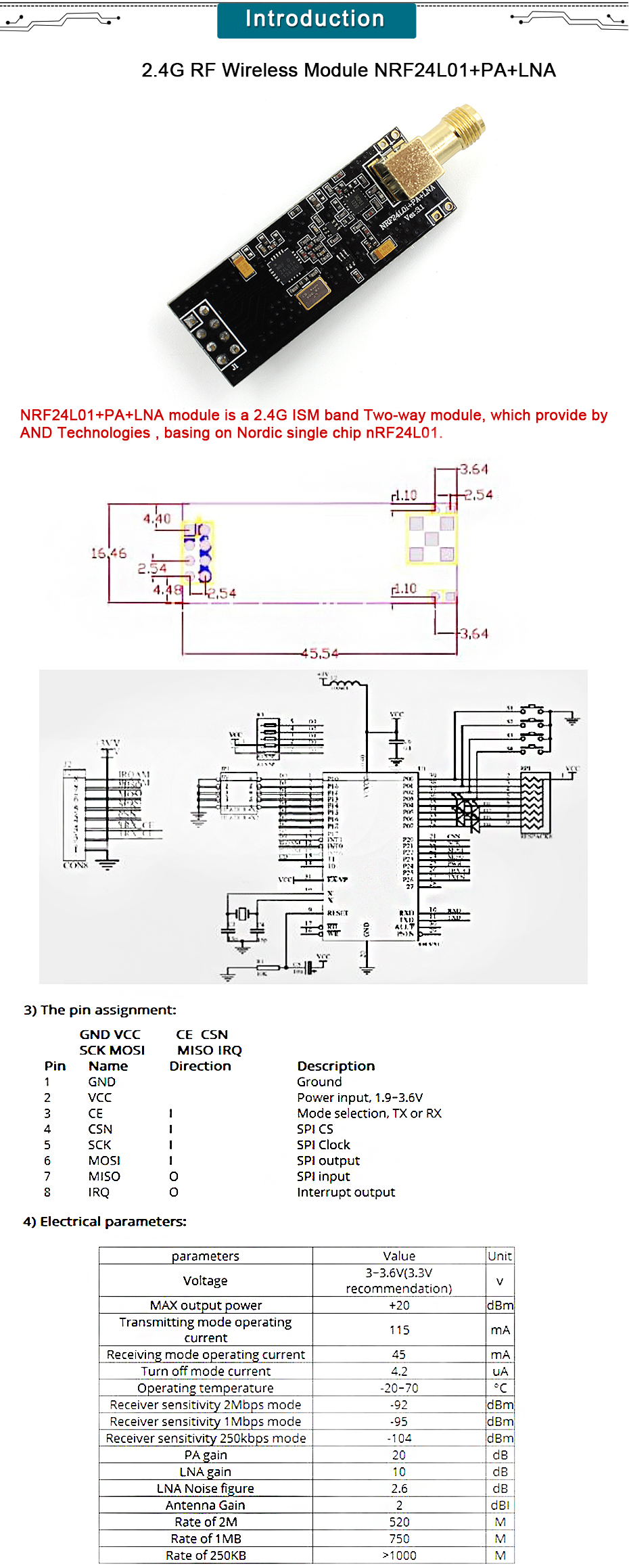 Nrf24l01 + Pa + Lna Wireless Transmission Module 2.4g 8